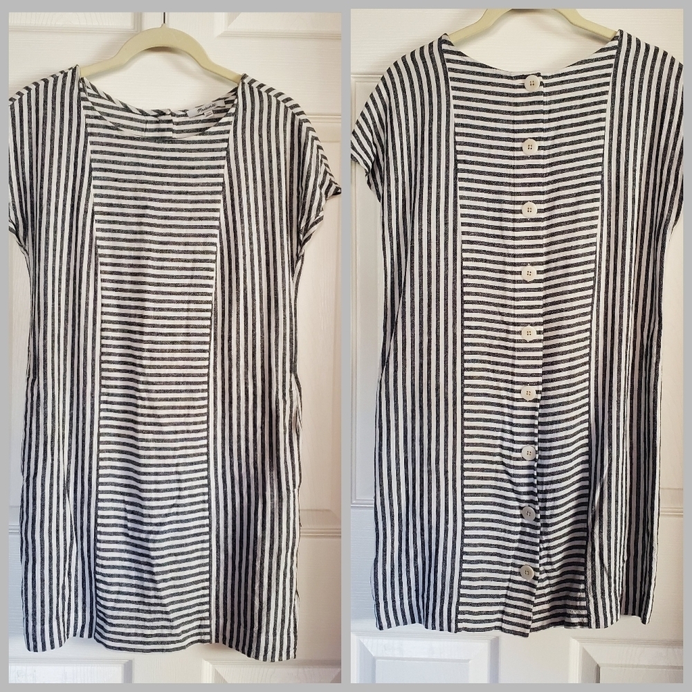 Madewell Linen Stripe-Play Button-Back Mini‎ Shift Dress w/ Pockets XXS Gray
